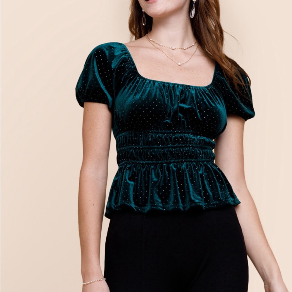 Francesca's Collections Blue Smocked Peplum Puff Sleeve Blouse